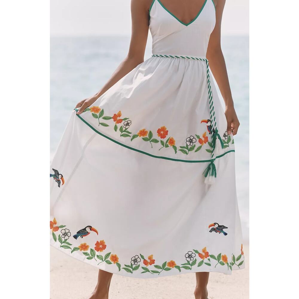 New Anthropologie Celandine Floral Embroidered Midi Dress $148 LARGE Ivory Cord - Picture 3 of 6